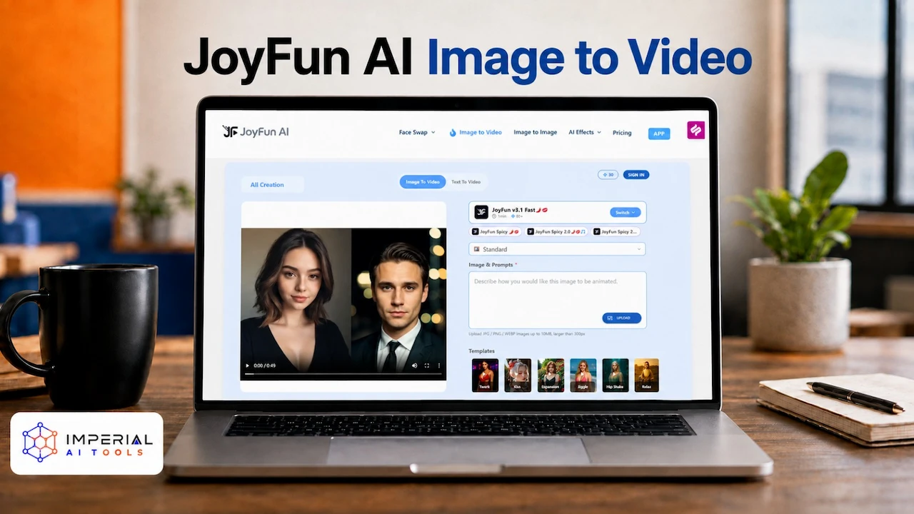 JoyFun AI Image to Video tool displayed on laptop screen for creating AI animated videos from images