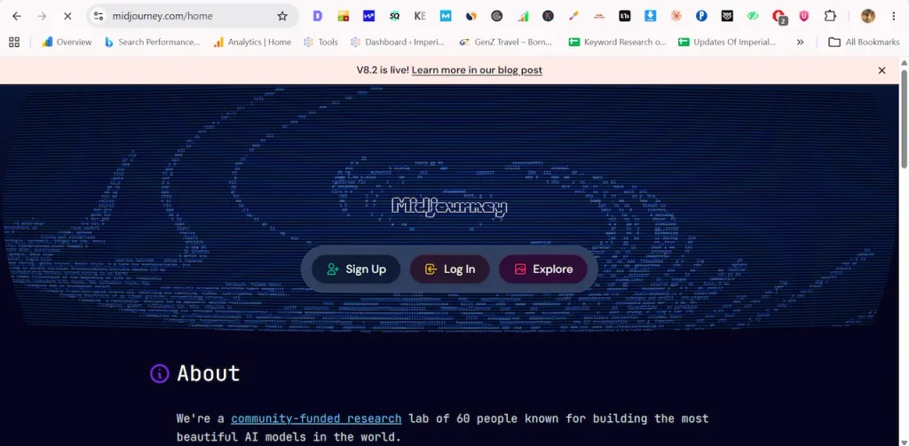 Midjourney AI image generator homepage interface showing AI art creation platform