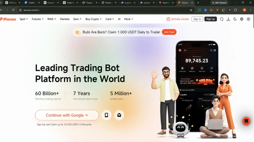 Pionex homepage screenshot showing 60 billion+ monthly trading volume, 7 years of service, and 5 million+ global users