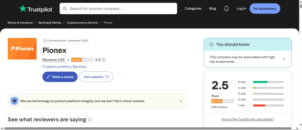 Pionex Trustpilot rating showing 2.5 out of 5 stars