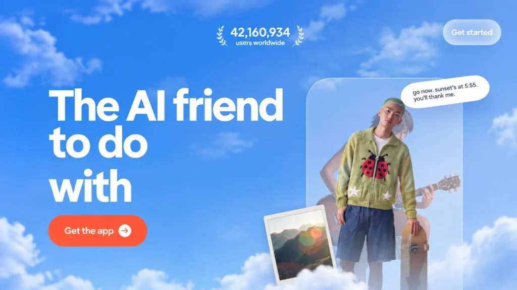 AI companion app interface showing virtual friend experience and personalized conversations