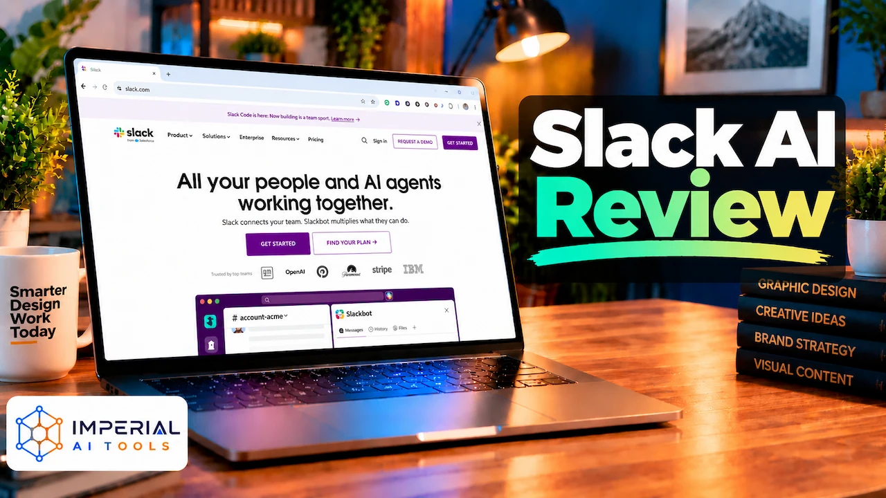Slack AI Review thumbnail showing Slack’s AI-powered workspace on a laptop