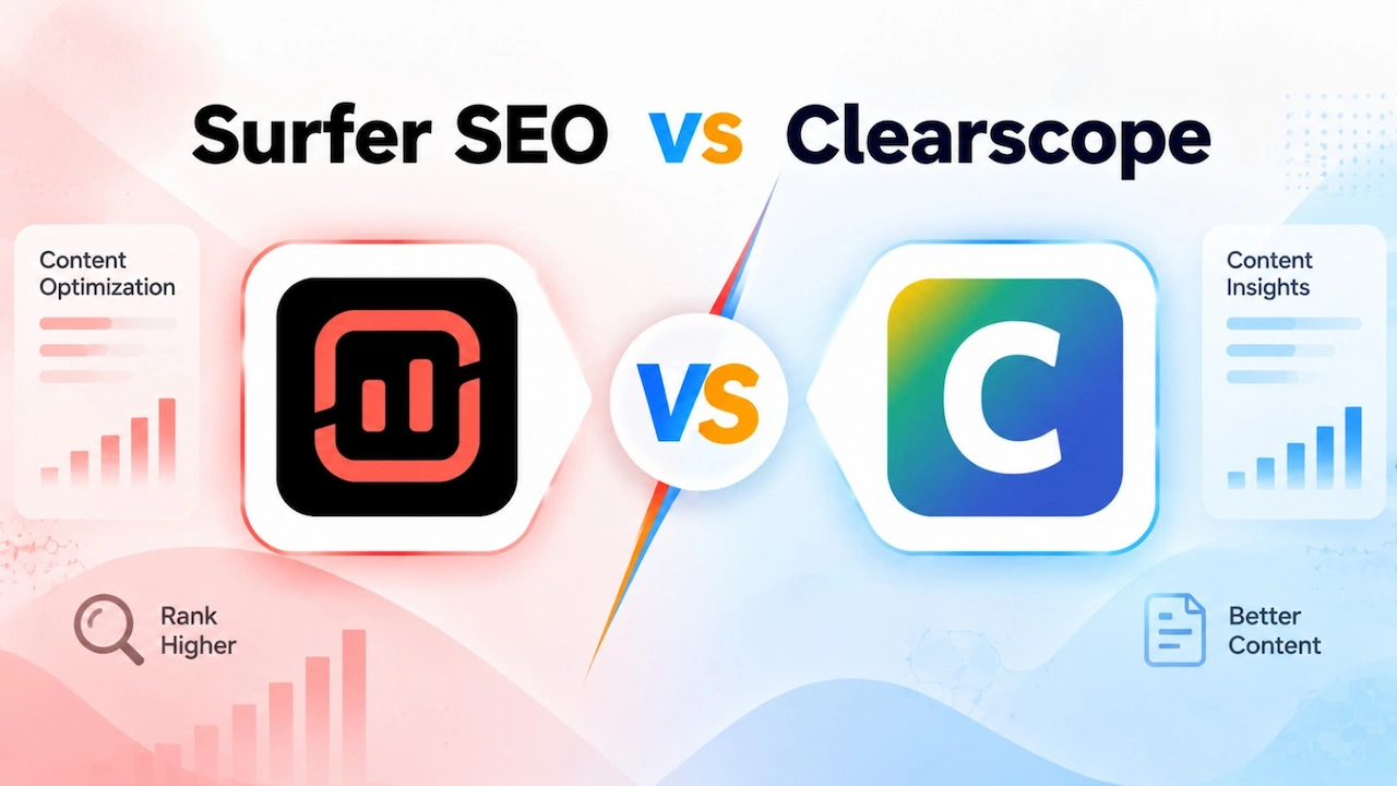 Surfer SEO vs Clearscope comparison graphic showing both tool logos side by side