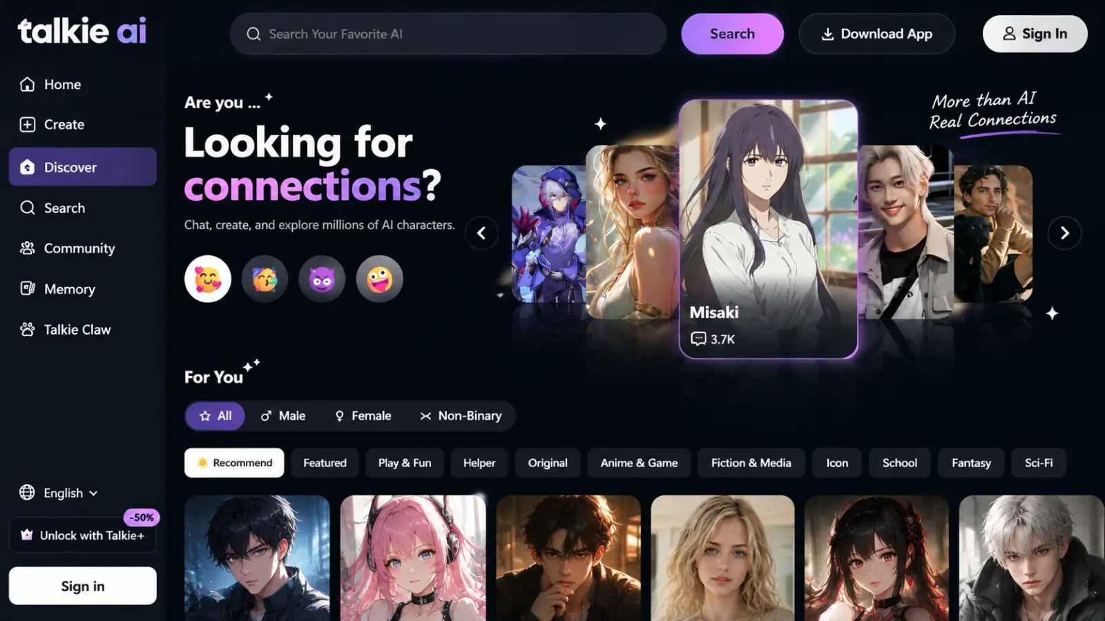 Talkie AI character chat app featuring virtual AI personalities