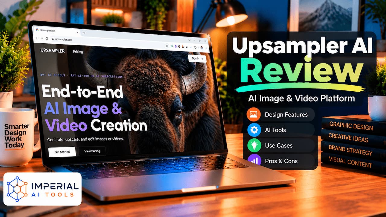 Upsampler AI Review showing the Upsampler image and video creation platform on a laptop
