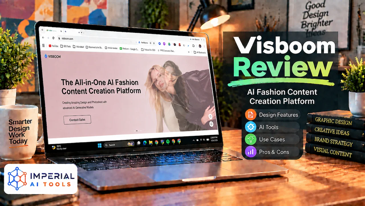 Visboom AI Review feature image showing an AI fashion content creation platform on a laptop