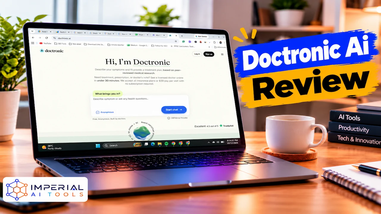 Doctronic AI Review featured image showing the Doctronic AI healthcare website on a laptop screen with a bold review heading.