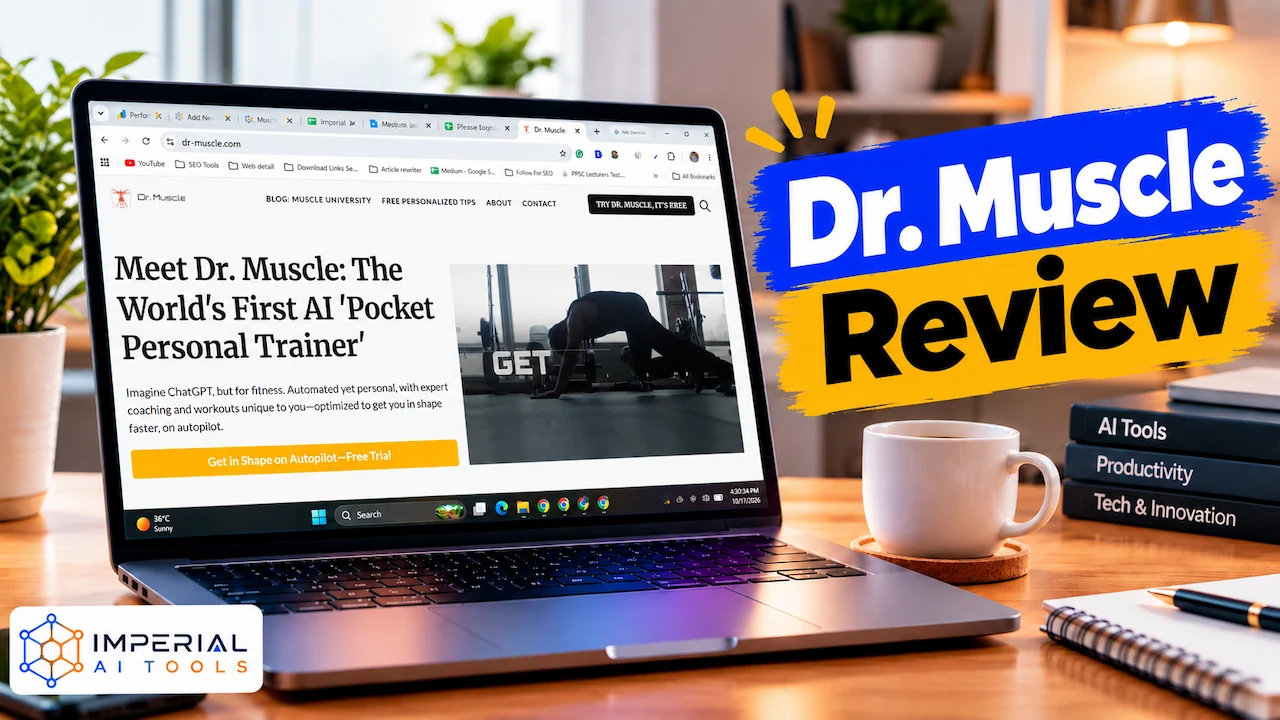 Dr. Muscle review featured image showing the Dr. Muscle website on a laptop screen with bold review text.
