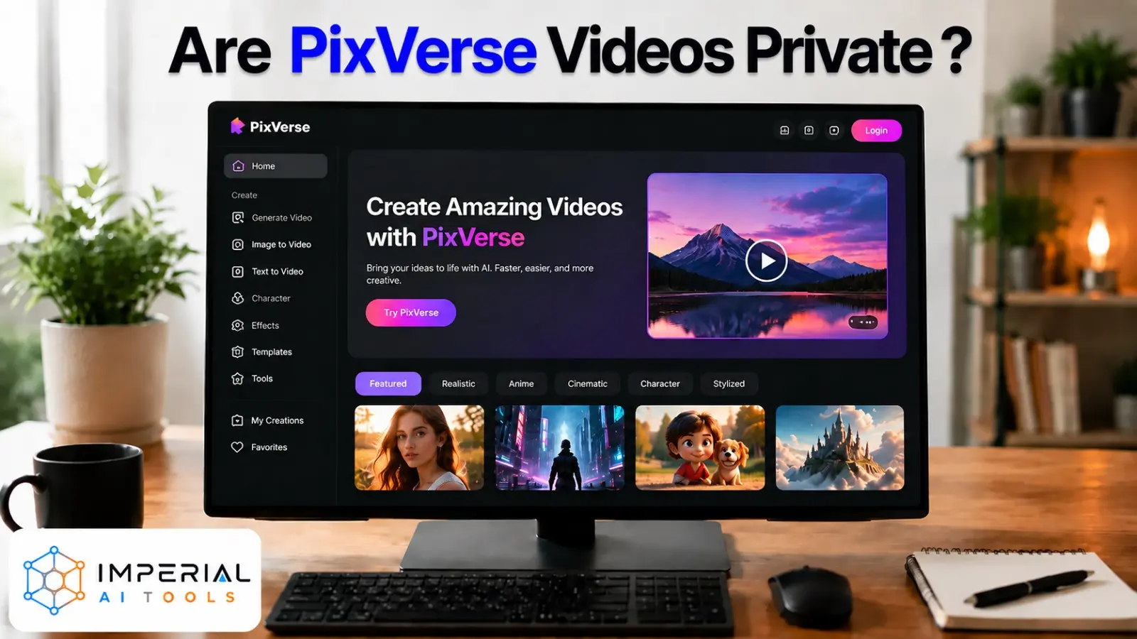Are PixVerse videos private? PixVerse AI video generator interface displayed on a desktop monitor with video creation tools.