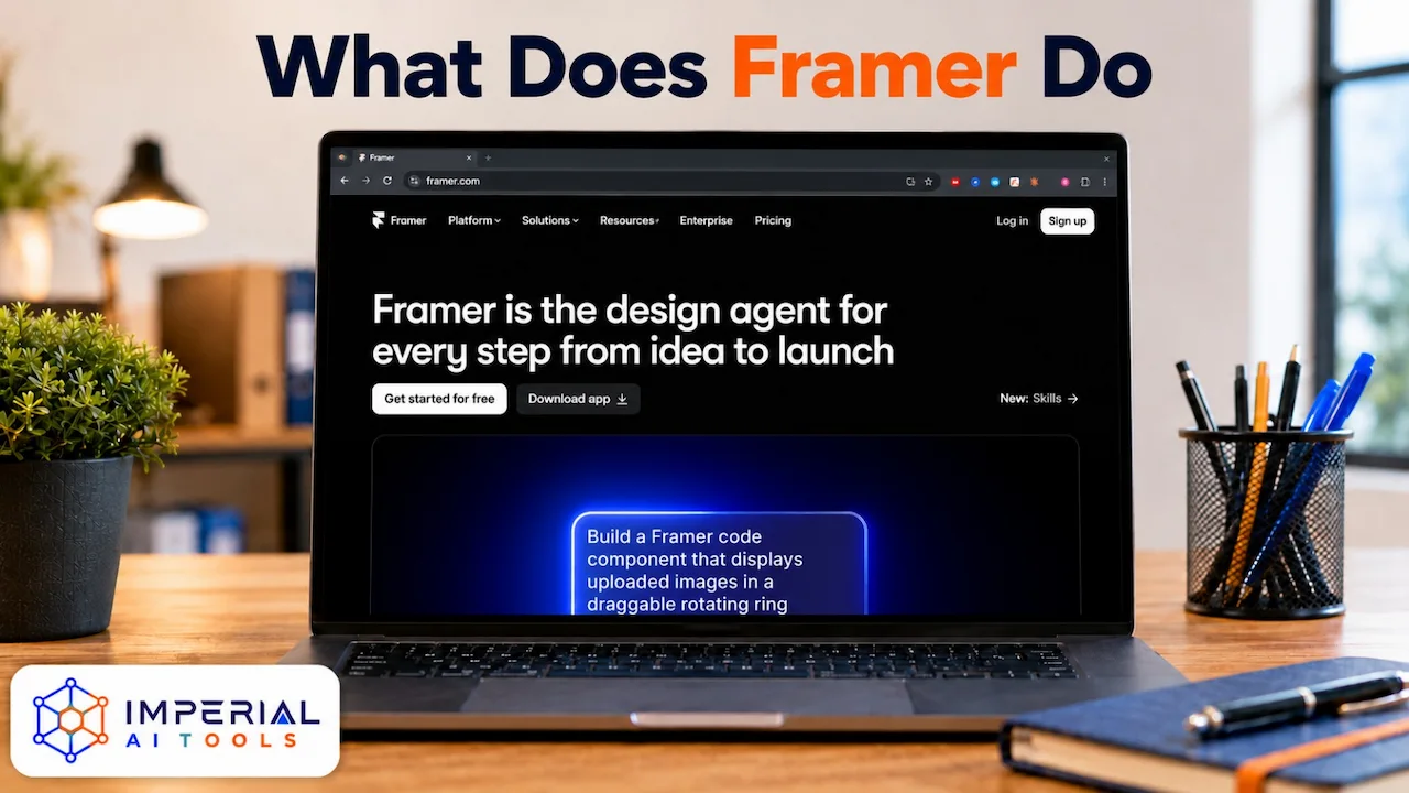 What Does Framer Do? Framer website builder displayed on a laptop, showing its AI-powered web design platform.