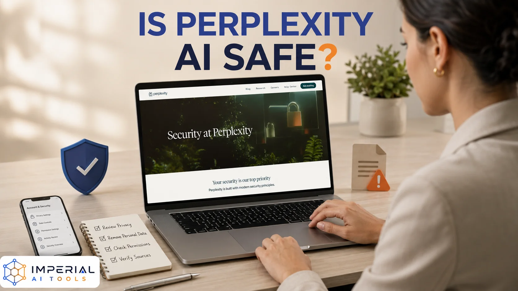 Professional reviewing Perplexity AI security information and privacy settings on a laptop.