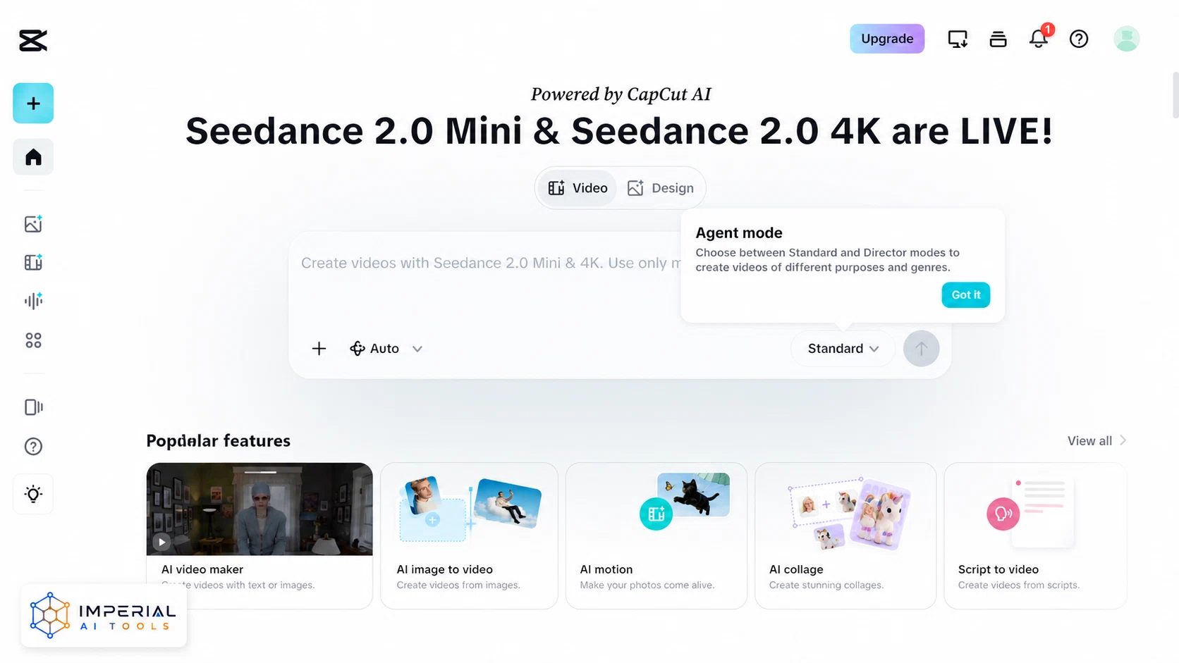 CapCut AI dashboard showing video-generation tools, image-to-video, AI motion and script-to-video features