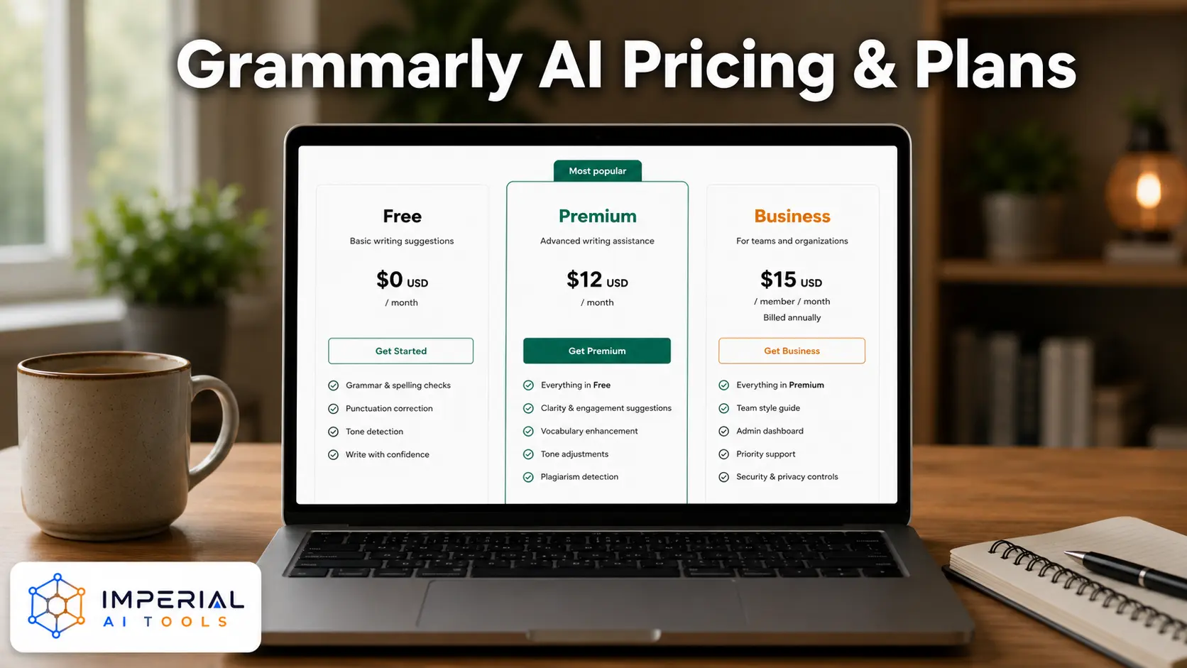 Grammarly AI pricing and plans displayed on a laptop, showing Free, Pro, and Enterprise options on a modern office desk.