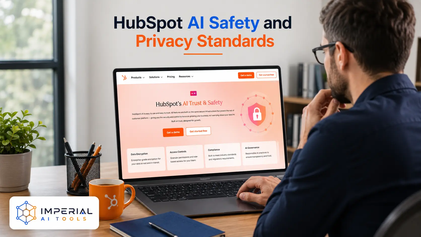 HubSpot AI Safety and Privacy Standards featured image showing a professional reviewing AI trust, security, and privacy settings on a laptop in a modern office workspace with Imperial AI Tools branding.