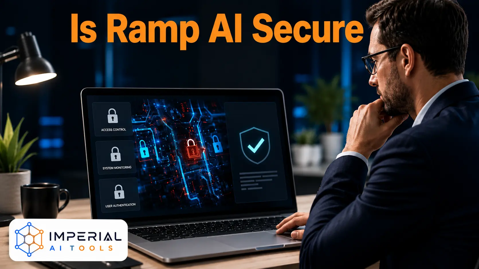 Finance professional reviewing Ramp AI security controls, user authentication, system monitoring, and approval protection on a laptop.