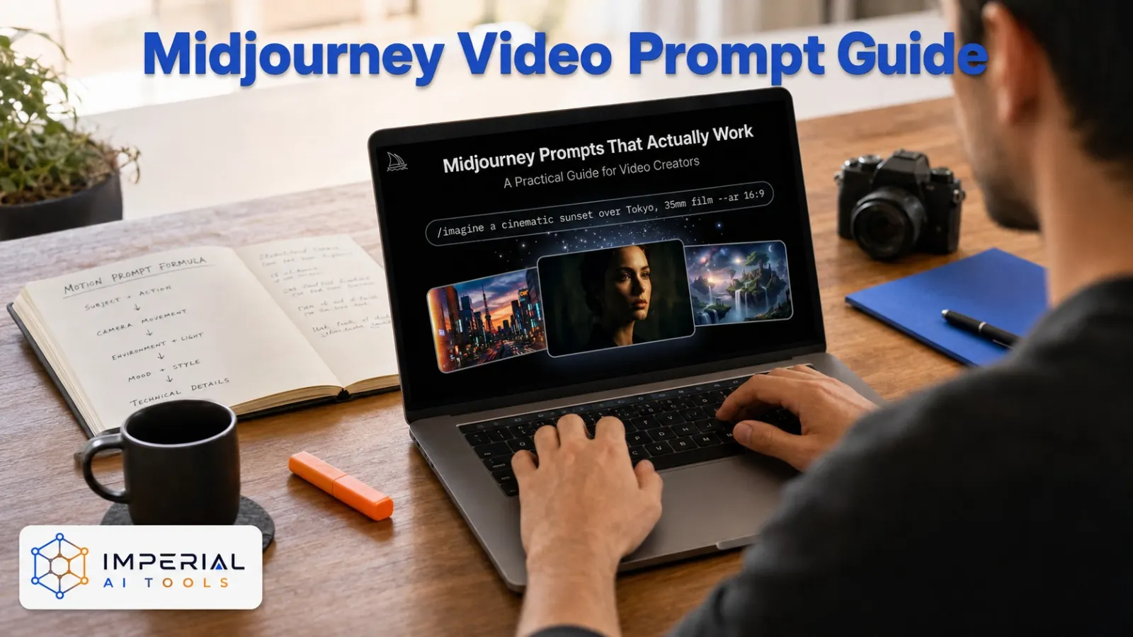Creator writing a Midjourney video prompt using subject movement, camera motion, environment, mood and technical details.