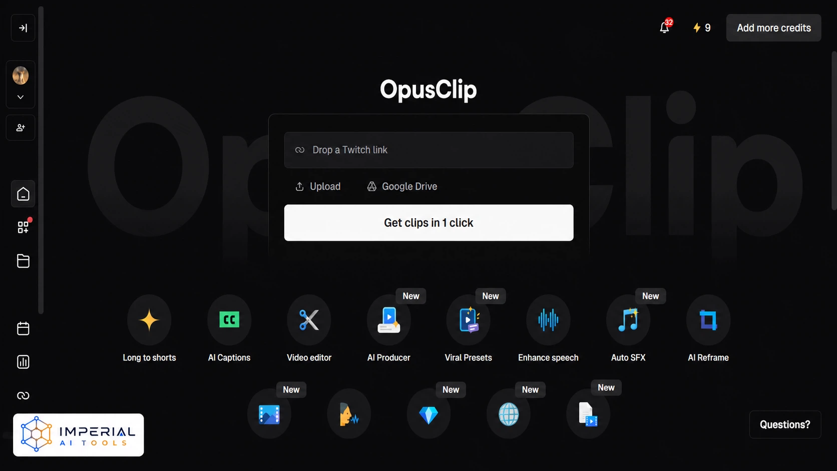 OpusClip AI dashboard showing long-to-short video, AI captions, editing and speech enhancement tools