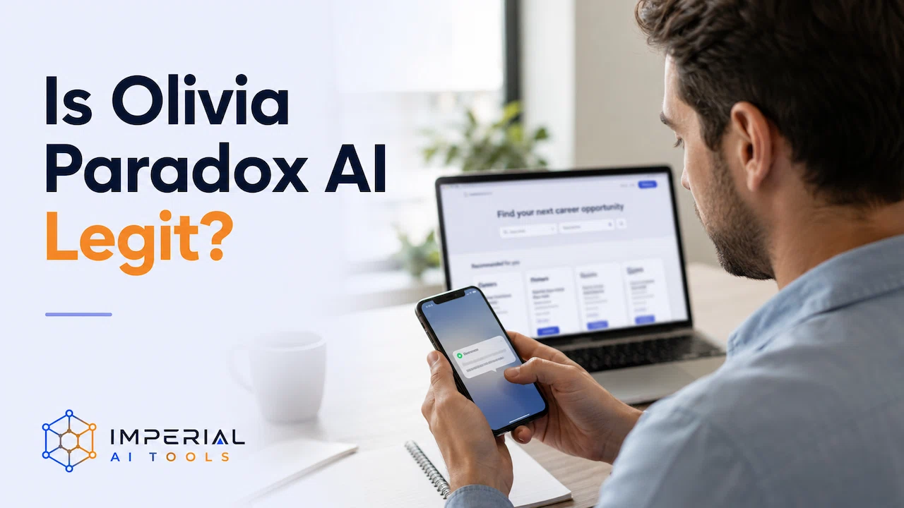 Man checking a recruitment message beside a job-search laptop with the text “Is Olivia Paradox AI Legit?”