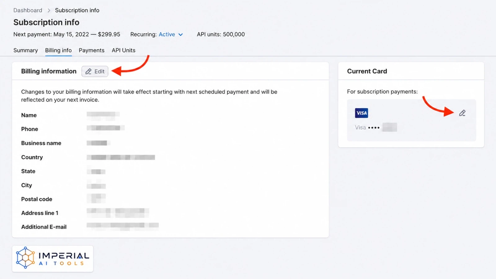 Semrush billing information page with billing details and current payment card