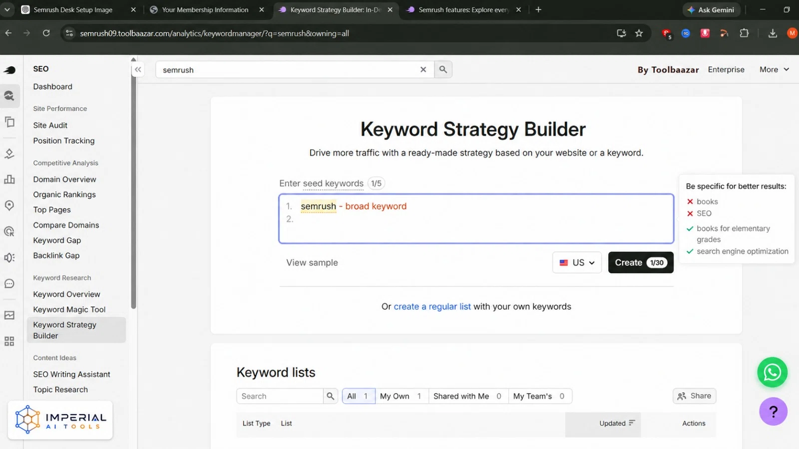 Semrush Keyword Strategy Builder interface for creating keyword lists and SEO content strategies