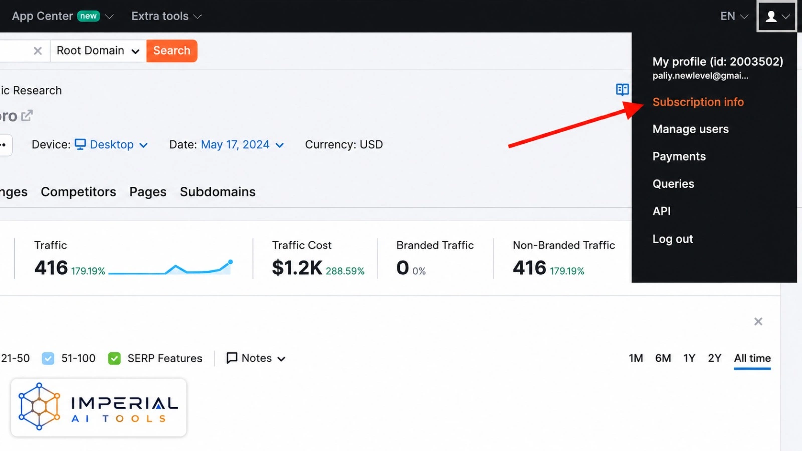 Semrush account menu showing the Subscription Info option