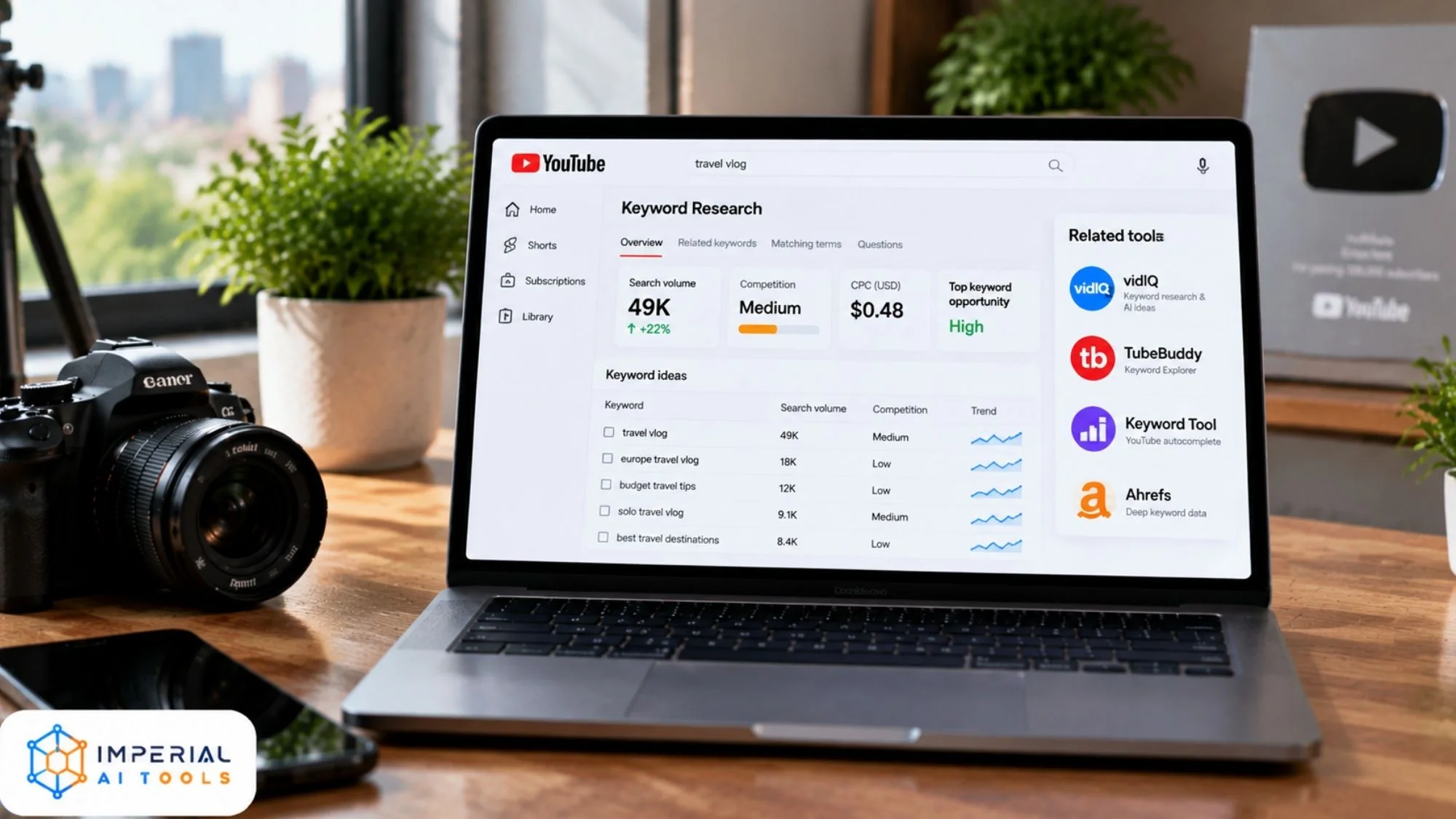 YouTube keyword research tools showing search volume, competition analysis, and related keyword ideas