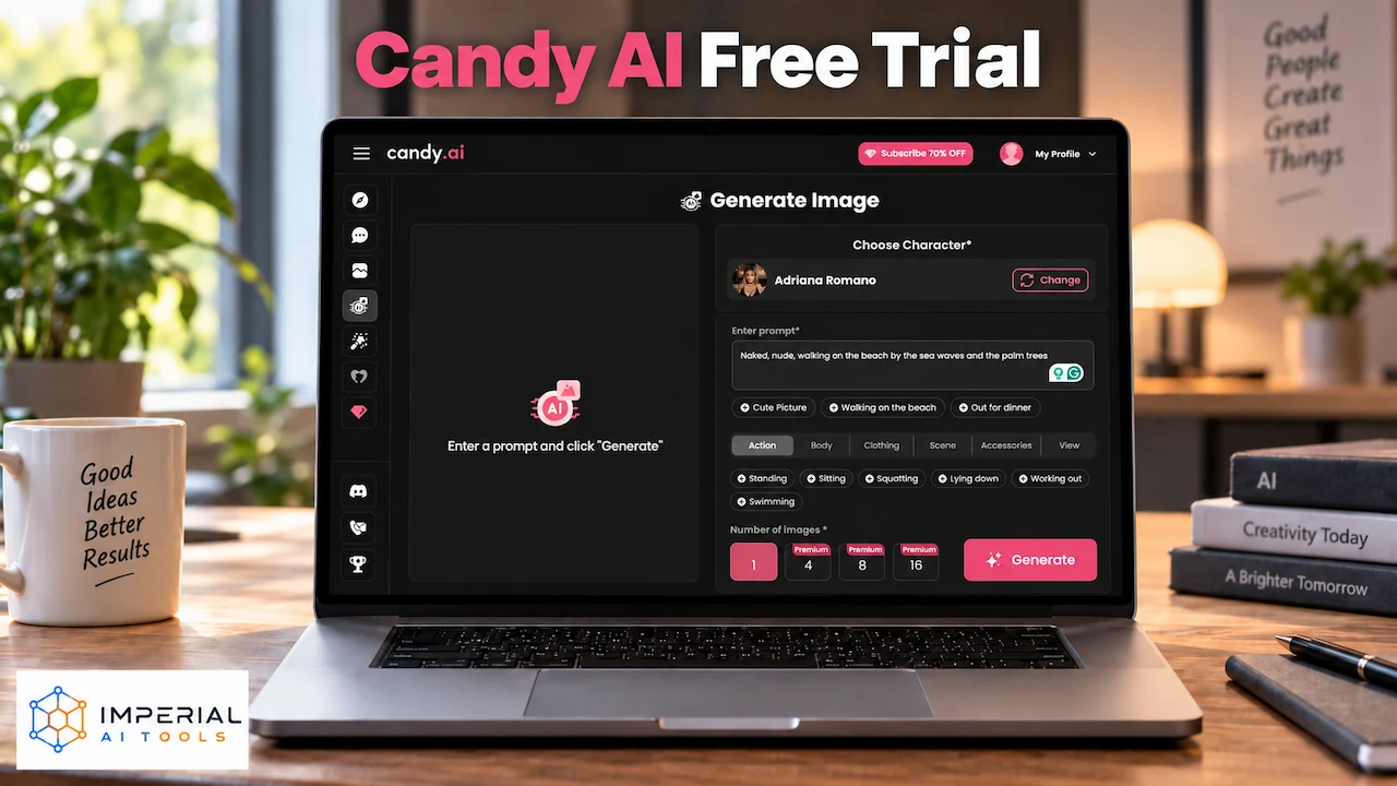 Candy AI Free Trial platform interface showing AI companion chat and image generation features