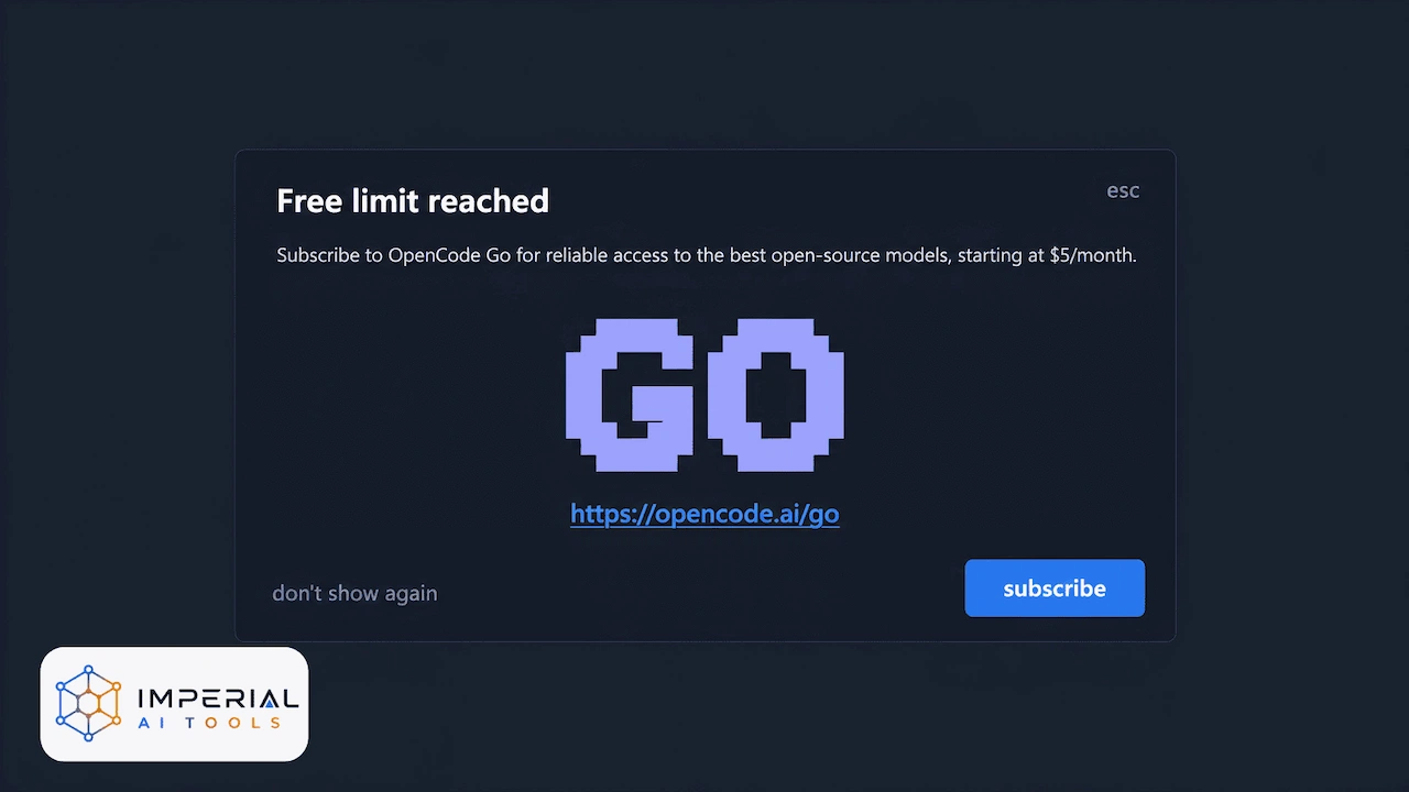 Is OpenCode Free? OpenCode free-limit notification showing a Go subscription offer starting at $5 per month.