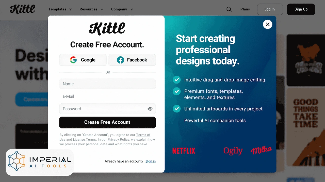 Kittl Free Trial homepage featuring its AI-powered design platform and free start option